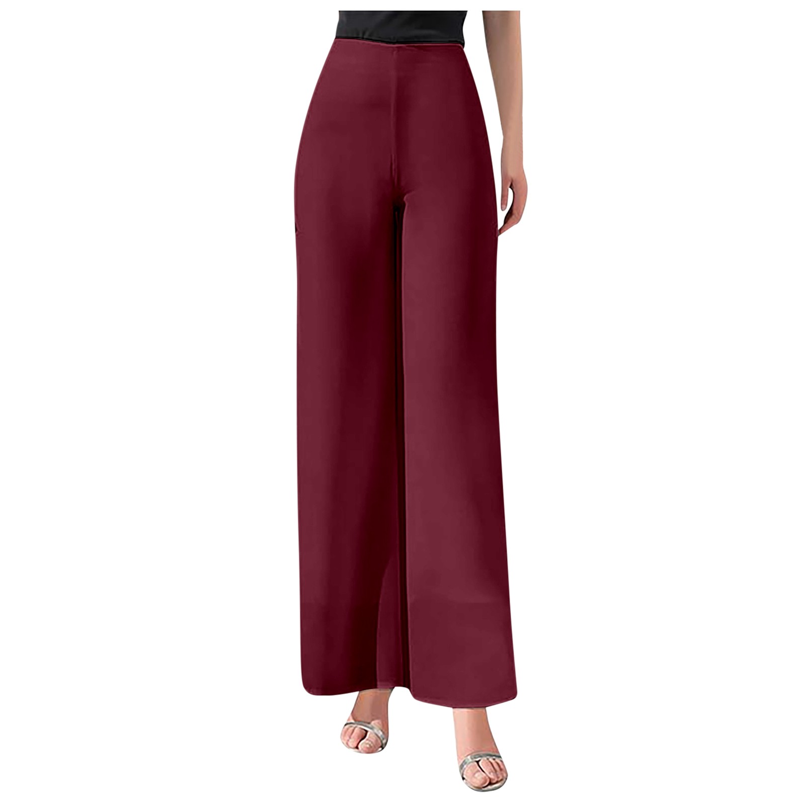 thumbnail image 1 of Pantalones acampanados de gasa de cintura alta para mujer: parte trasera elástica, cremallera lateral, tejido fluido, para bodas y cócteles, 1 of 2